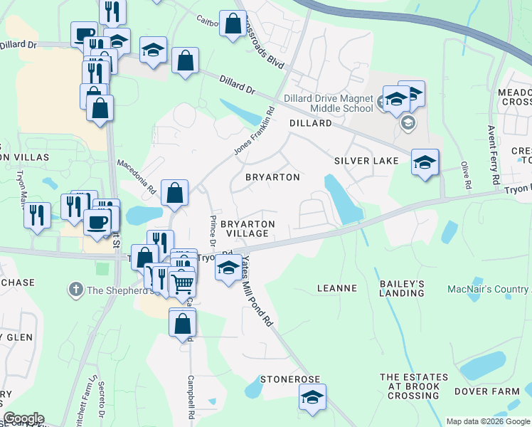map of restaurants, bars, coffee shops, grocery stores, and more near 5520 Nur Lane in Raleigh