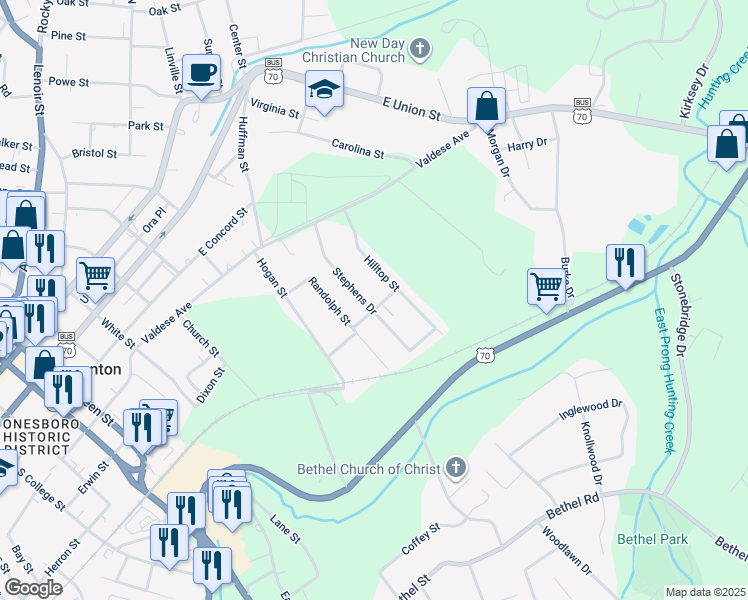 map of restaurants, bars, coffee shops, grocery stores, and more near 102 Maple Lane in Morganton