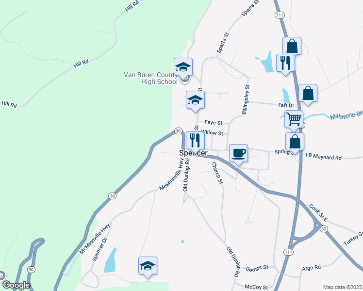 map of restaurants, bars, coffee shops, grocery stores, and more near in Spencer