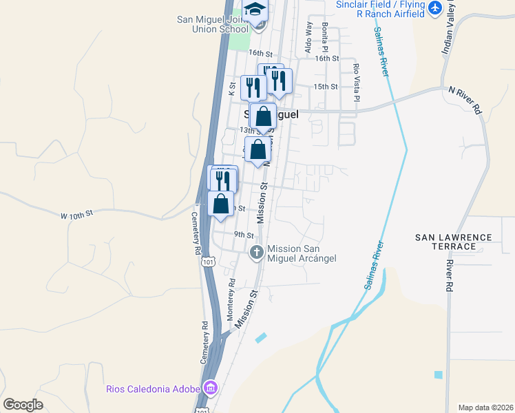 map of restaurants, bars, coffee shops, grocery stores, and more near 1042 L Street in San Miguel