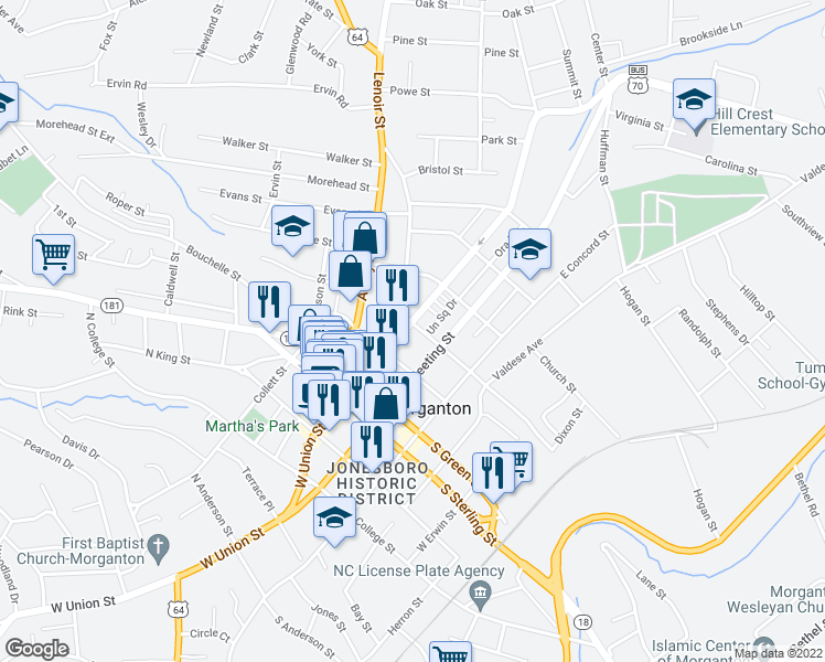 map of restaurants, bars, coffee shops, grocery stores, and more near 312 East Union Street in Morganton