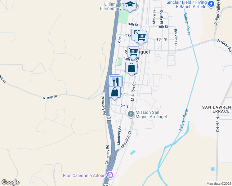 map of restaurants, bars, coffee shops, grocery stores, and more near 10th Street in San Miguel