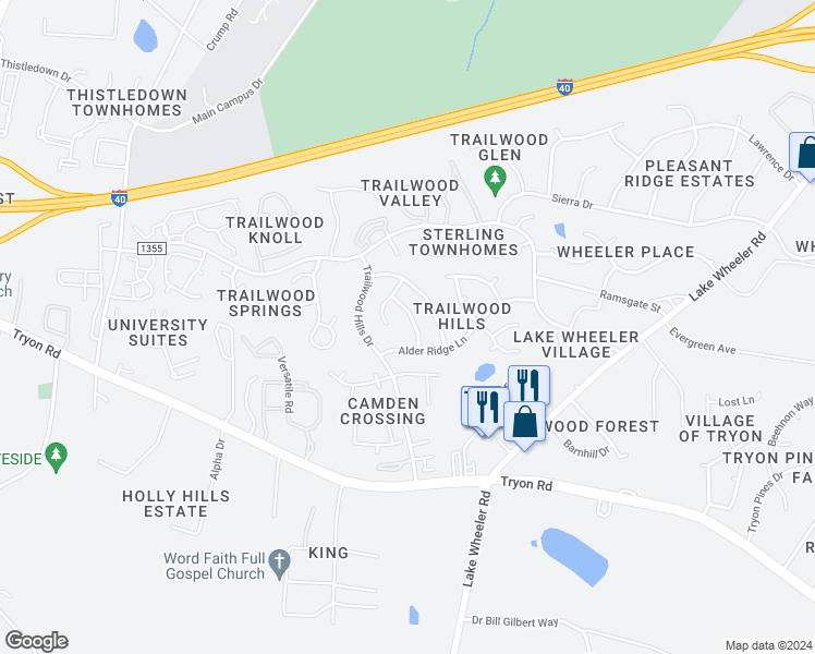 map of restaurants, bars, coffee shops, grocery stores, and more near 2424 Appalachian Drive in Raleigh