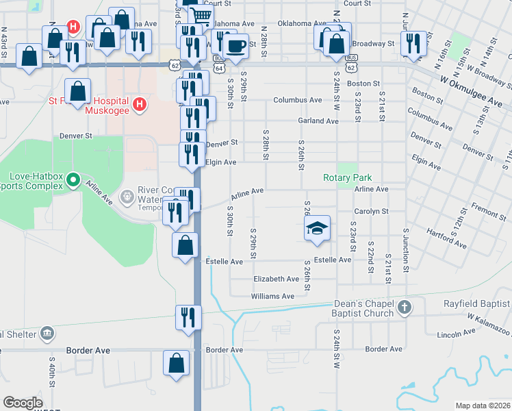 map of restaurants, bars, coffee shops, grocery stores, and more near 720 South 29th Street in Muskogee