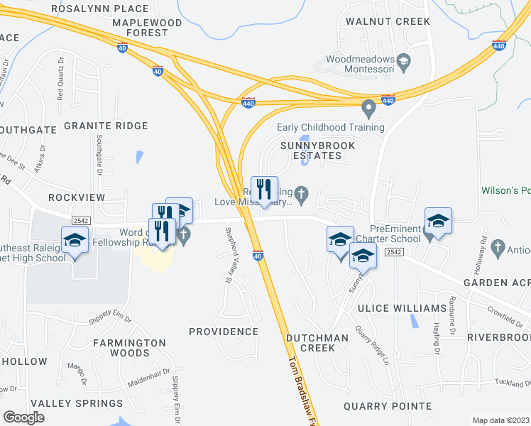 map of restaurants, bars, coffee shops, grocery stores, and more near 3301 Rock Quarry Road in Raleigh
