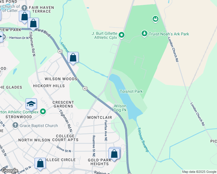 map of restaurants, bars, coffee shops, grocery stores, and more near 1521 Lawndale Drive Northeast in Wilson
