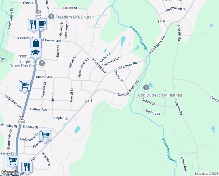 map of restaurants, bars, coffee shops, grocery stores, and more near 727 Central Falls Road in Asheboro