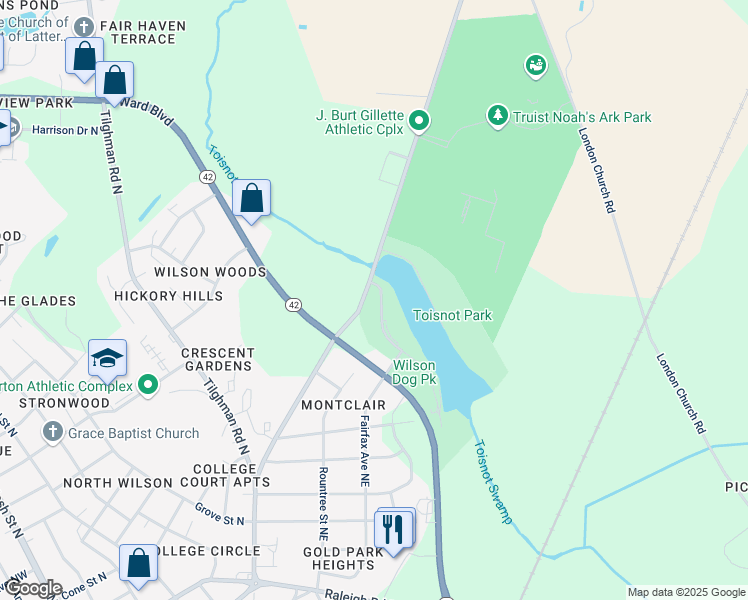 map of restaurants, bars, coffee shops, grocery stores, and more near 1521 Lawndale Drive Northeast in Wilson