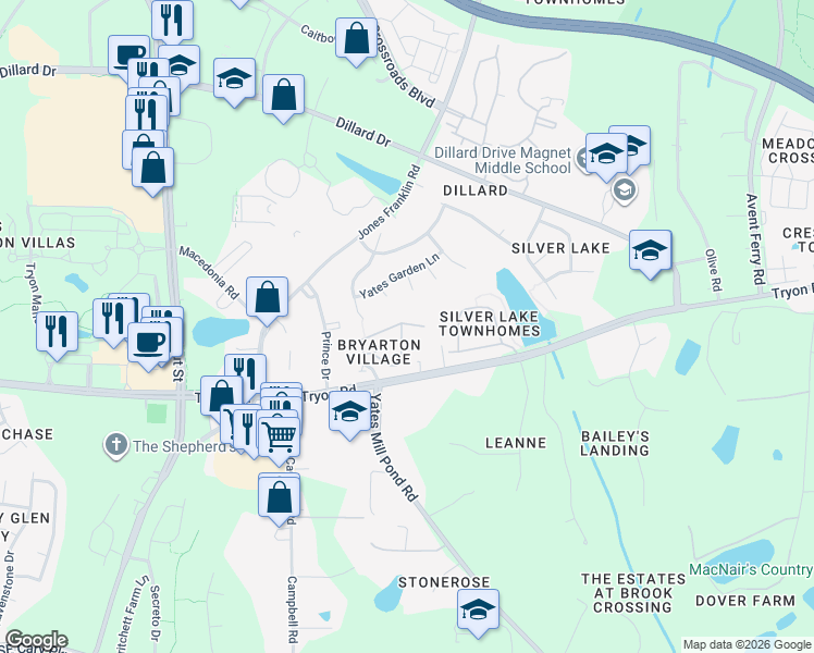 map of restaurants, bars, coffee shops, grocery stores, and more near 5520 Nur Lane in Raleigh
