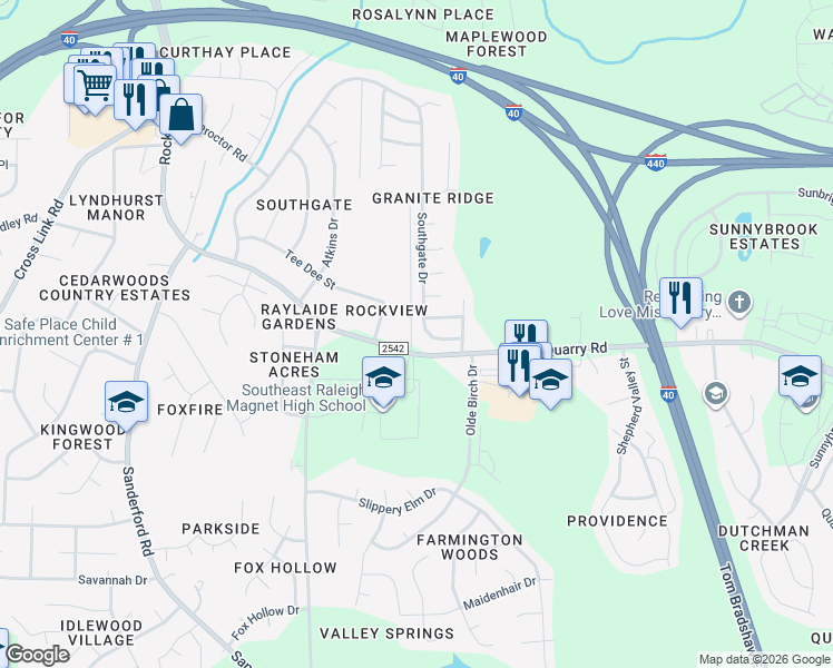 map of restaurants, bars, coffee shops, grocery stores, and more near 741 Southgate Drive in Raleigh