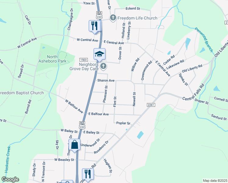 map of restaurants, bars, coffee shops, grocery stores, and more near 1821 Flint Street in Asheboro