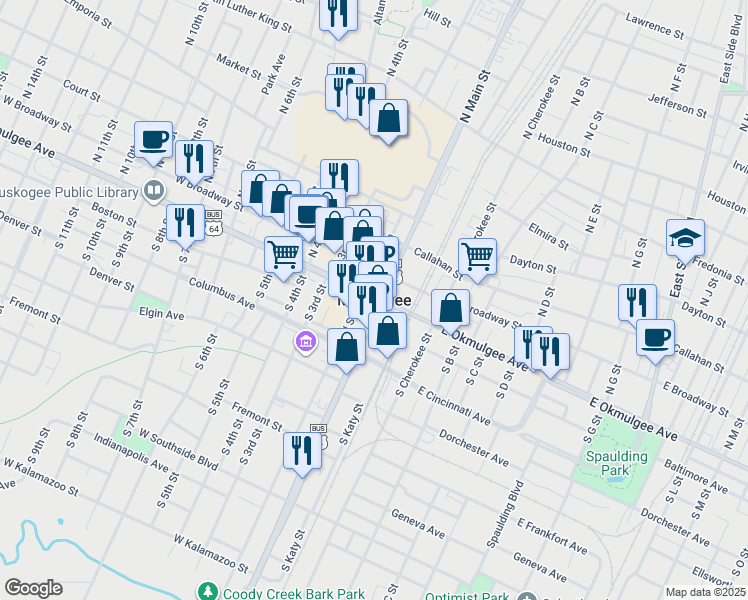 map of restaurants, bars, coffee shops, grocery stores, and more near in Muskogee