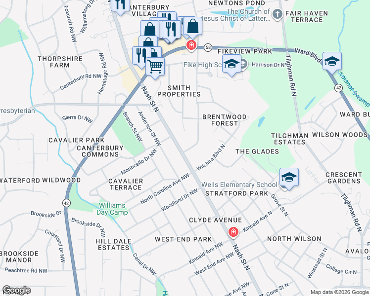 map of restaurants, bars, coffee shops, grocery stores, and more near 1730 Nash Street North in Wilson