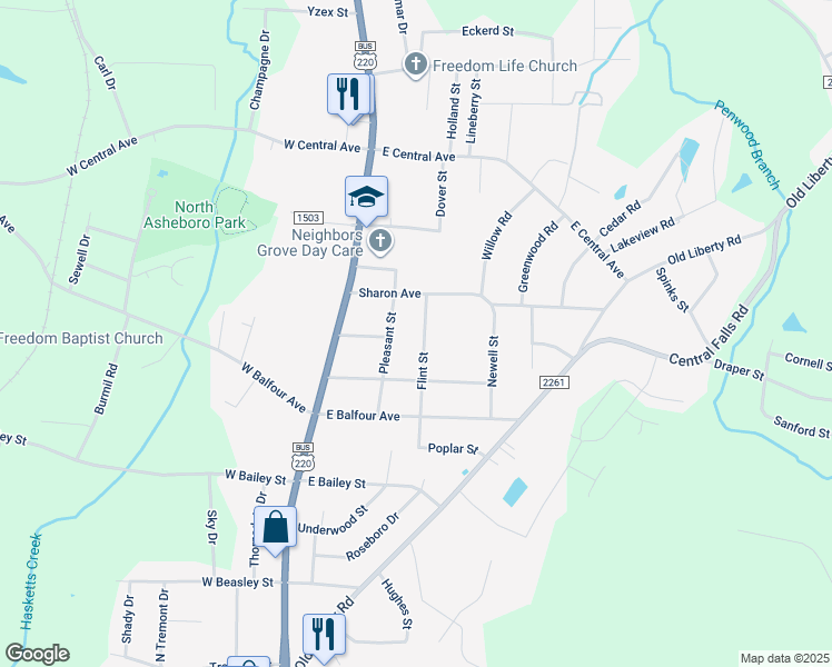 map of restaurants, bars, coffee shops, grocery stores, and more near 1821 Flint Street in Asheboro
