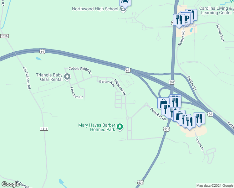 map of restaurants, bars, coffee shops, grocery stores, and more near 318 Danbury Court in Pittsboro