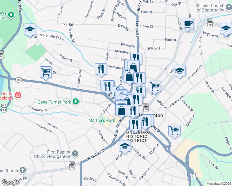 map of restaurants, bars, coffee shops, grocery stores, and more near 300 North Carolina 181 in Morganton
