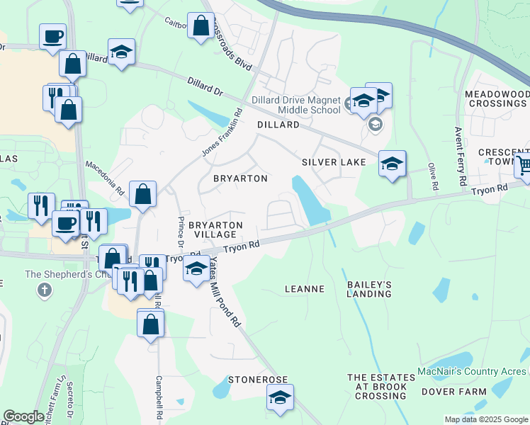 map of restaurants, bars, coffee shops, grocery stores, and more near 1227 Silver Beach Way in Raleigh