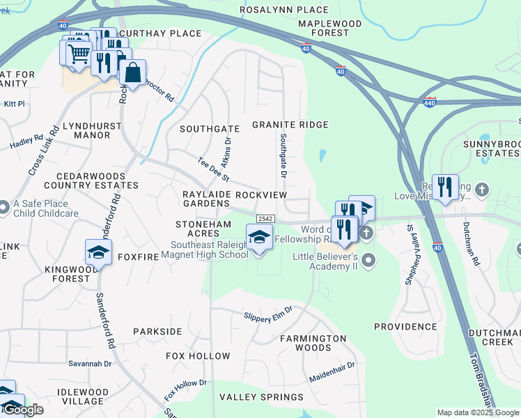 map of restaurants, bars, coffee shops, grocery stores, and more near 2410 Brenda Drive in Raleigh