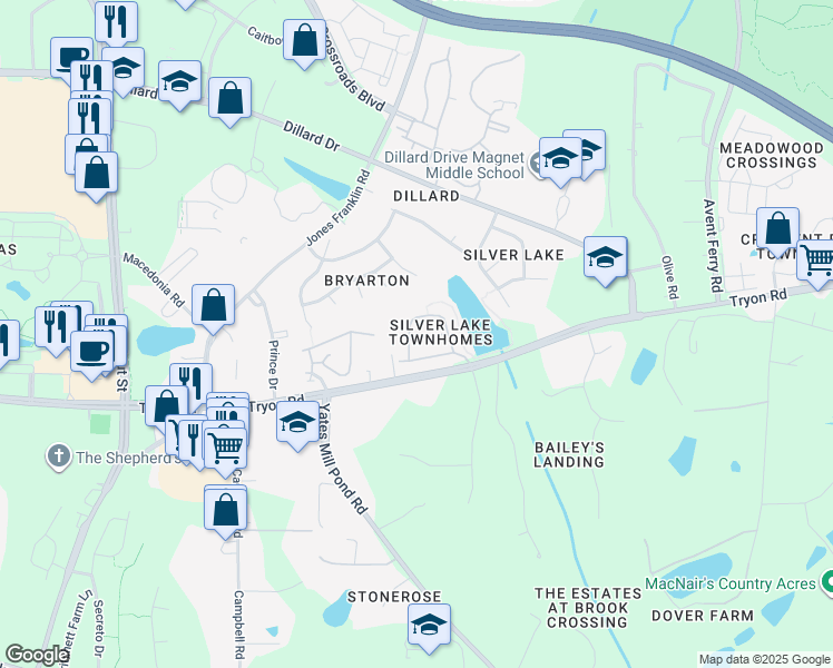 map of restaurants, bars, coffee shops, grocery stores, and more near 2420 Swans Rest Way in Raleigh