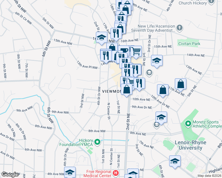 map of restaurants, bars, coffee shops, grocery stores, and more near in Hickory