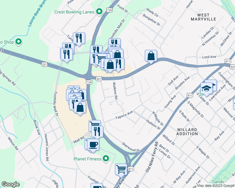 map of restaurants, bars, coffee shops, grocery stores, and more near 624 Watkins Road in Maryville