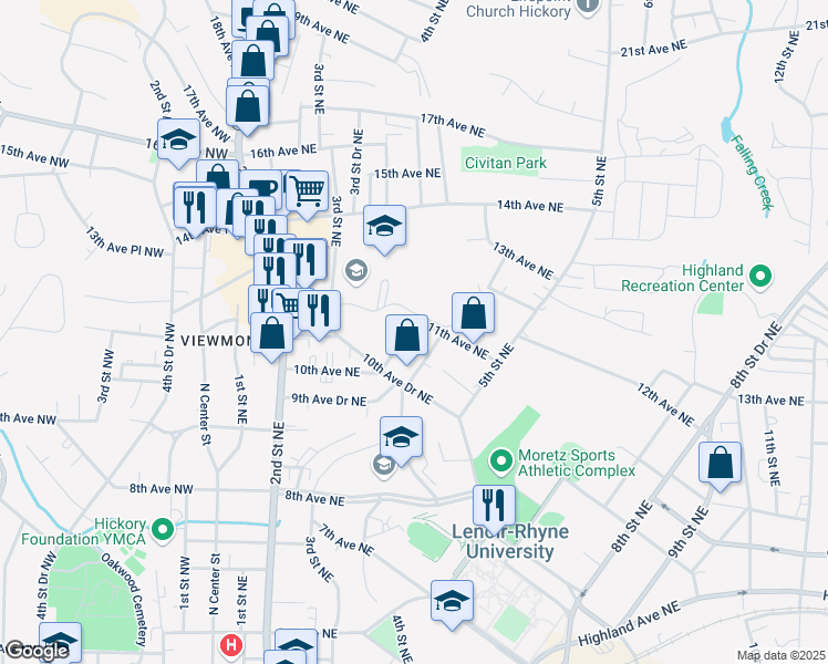 map of restaurants, bars, coffee shops, grocery stores, and more near 1058 3rd Street Drive Northeast in Hickory