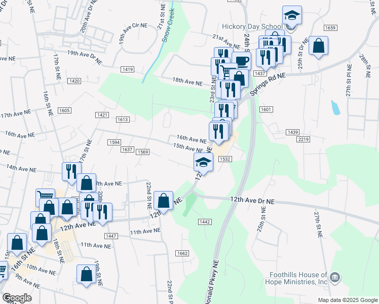 map of restaurants, bars, coffee shops, grocery stores, and more near 2224 15th Avenue Northeast in Hickory