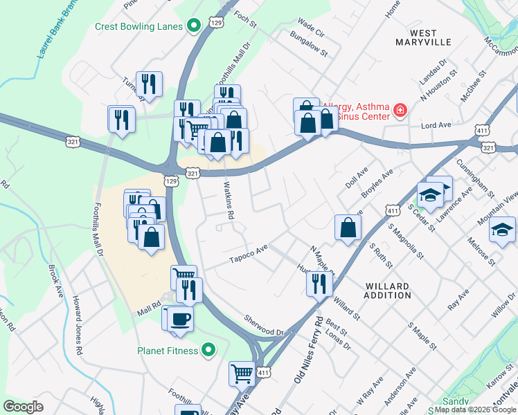 map of restaurants, bars, coffee shops, grocery stores, and more near 1141 View Drive in Maryville