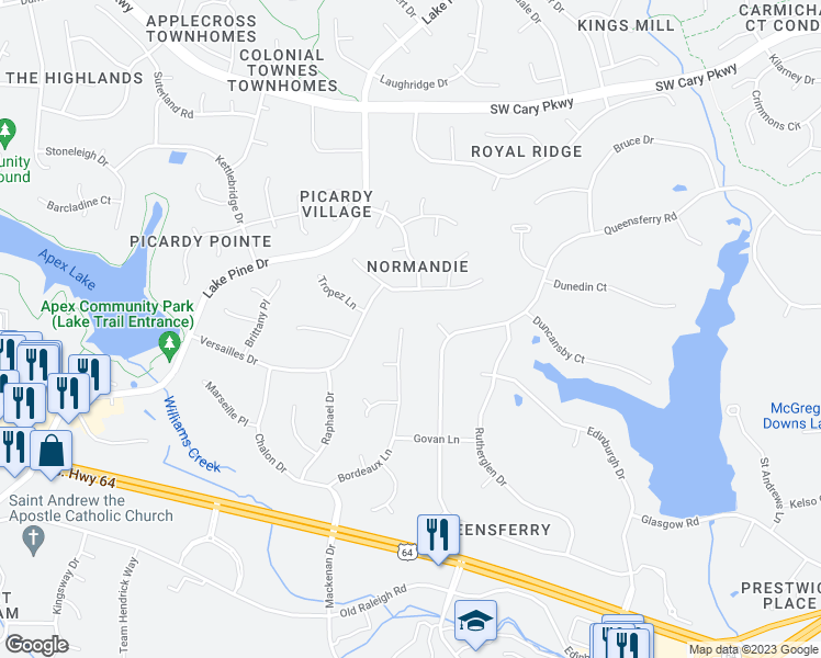 map of restaurants, bars, coffee shops, grocery stores, and more near 306 Bordeaux Lane in Cary