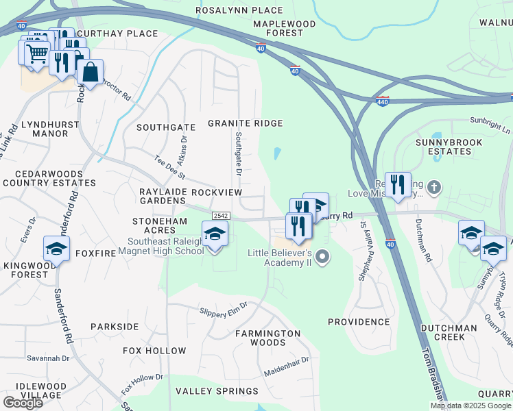 map of restaurants, bars, coffee shops, grocery stores, and more near 708 Southgate Drive in Raleigh