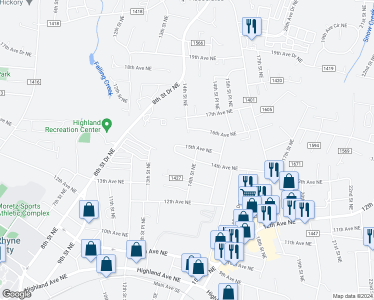 map of restaurants, bars, coffee shops, grocery stores, and more near 1392 15th Avenue Northeast in Hickory