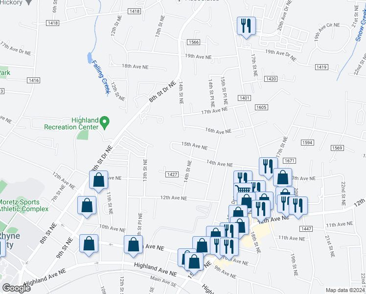 map of restaurants, bars, coffee shops, grocery stores, and more near 1392 15th Avenue Northeast in Hickory
