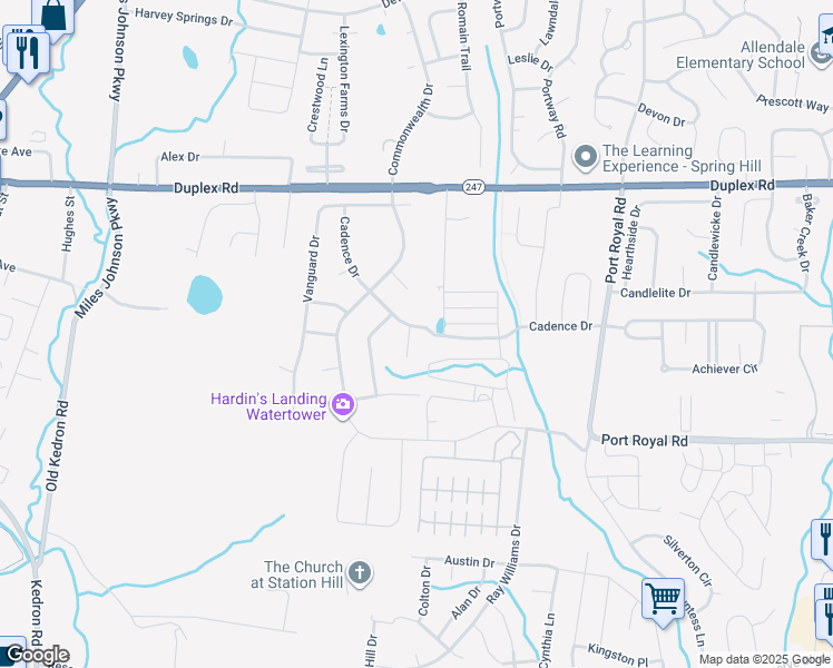 map of restaurants, bars, coffee shops, grocery stores, and more near 7001 Cannonade Court in Spring Hill