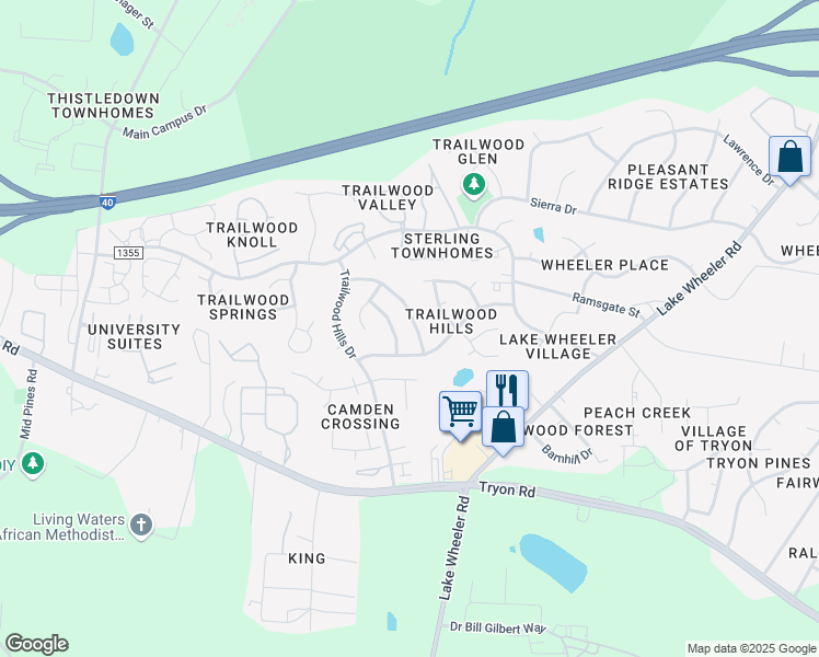 map of restaurants, bars, coffee shops, grocery stores, and more near 2512 Laurel Falls Lane in Raleigh