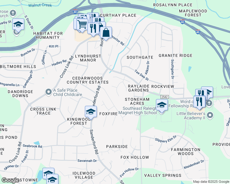 map of restaurants, bars, coffee shops, grocery stores, and more near 2358 Fox Ridge Manor Road in Raleigh