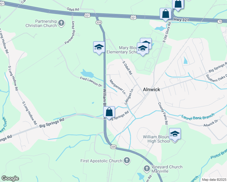 map of restaurants, bars, coffee shops, grocery stores, and more near 1612 Chicory Court in Maryville