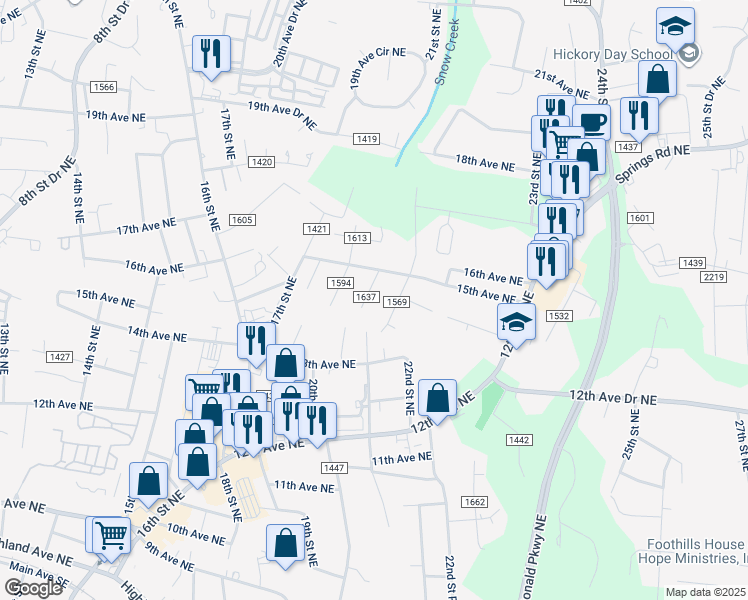 map of restaurants, bars, coffee shops, grocery stores, and more near 1484 20th Street Northeast in Hickory