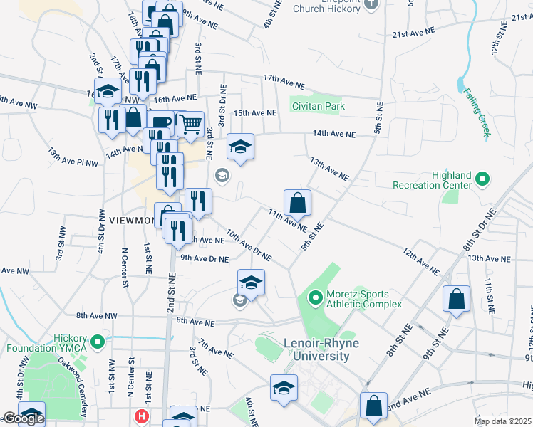 map of restaurants, bars, coffee shops, grocery stores, and more near 1058 3rd Street Drive Northeast in Hickory
