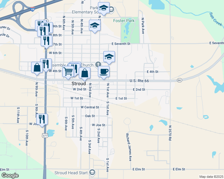 map of restaurants, bars, coffee shops, grocery stores, and more near 110 East 2nd Street in Stroud