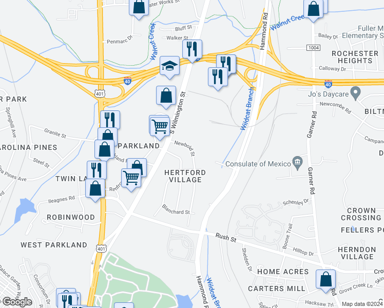 map of restaurants, bars, coffee shops, grocery stores, and more near 2600 Newbold Street in Raleigh