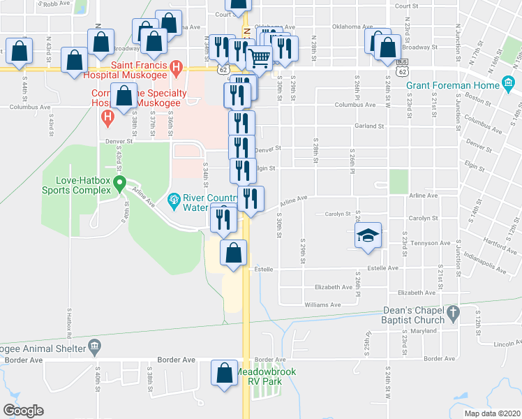 map of restaurants, bars, coffee shops, grocery stores, and more near 3028 Arline Avenue in Muskogee
