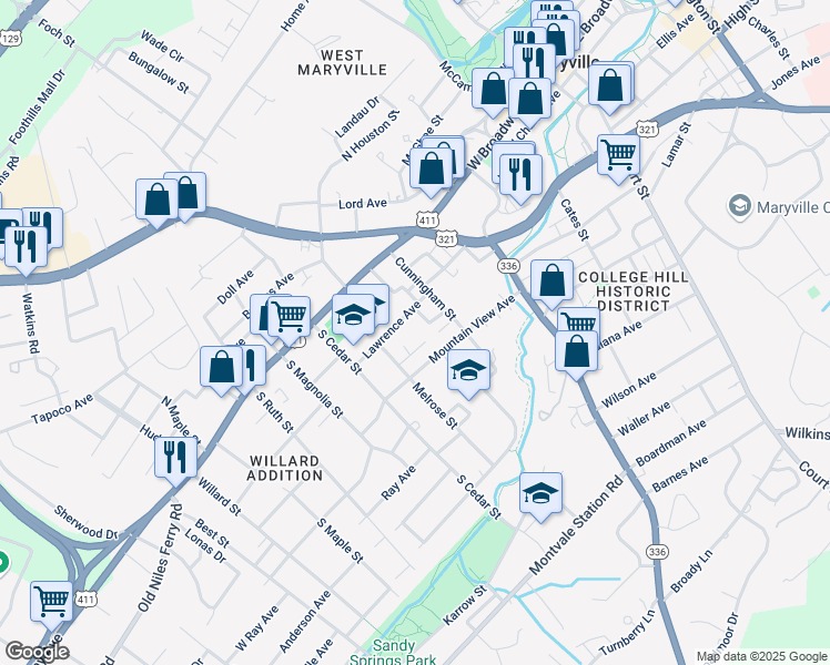 map of restaurants, bars, coffee shops, grocery stores, and more near 714 Lawrence Avenue in Maryville