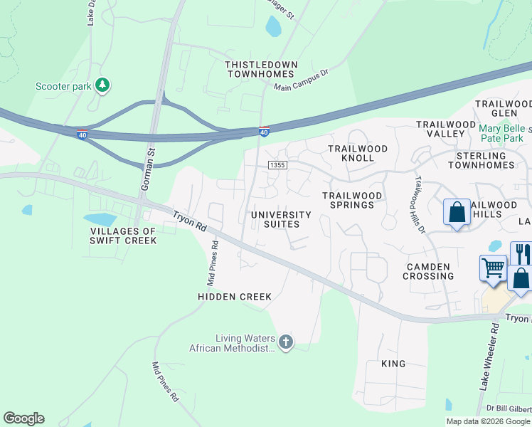 map of restaurants, bars, coffee shops, grocery stores, and more near University Suites Drive in Raleigh