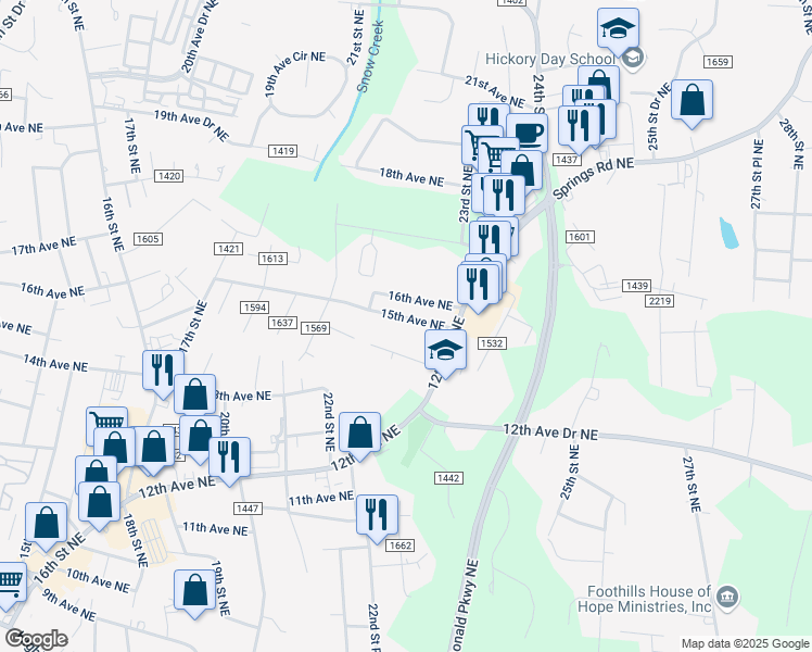 map of restaurants, bars, coffee shops, grocery stores, and more near 2224 15th Avenue Northeast in Hickory