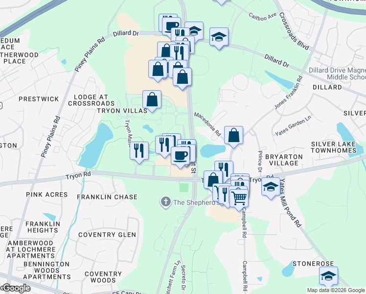 map of restaurants, bars, coffee shops, grocery stores, and more near 4057 Yellowfield Way in Cary