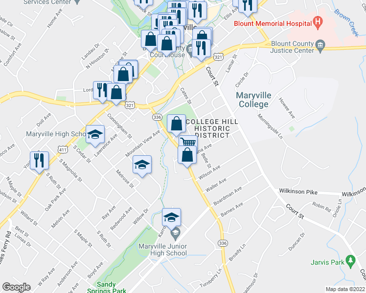 map of restaurants, bars, coffee shops, grocery stores, and more near 720 Montvale Road in Maryville
