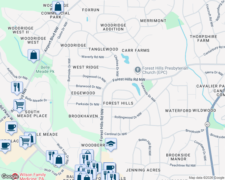 map of restaurants, bars, coffee shops, grocery stores, and more near 1122 Knollwood Drive Northwest in Wilson