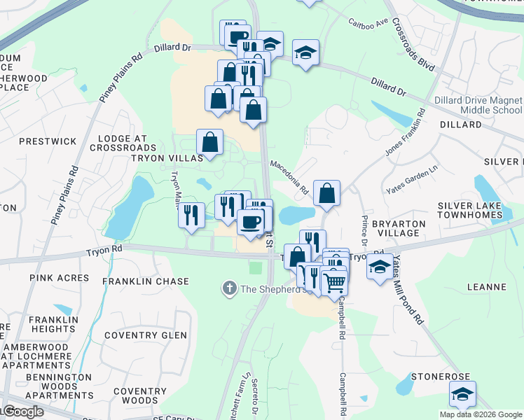 map of restaurants, bars, coffee shops, grocery stores, and more near 4057 Yellowfield Way in Cary