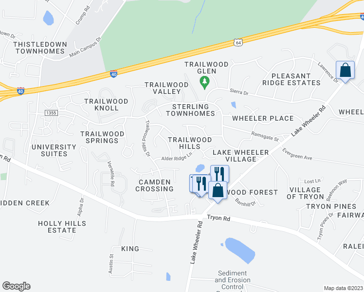 map of restaurants, bars, coffee shops, grocery stores, and more near 2513 Laurel Falls Lane in Raleigh