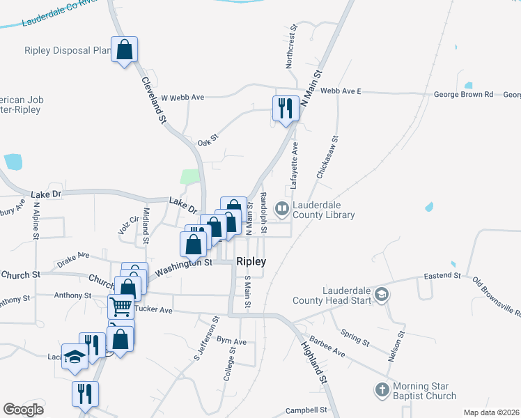 map of restaurants, bars, coffee shops, grocery stores, and more near 176 Randolph Street in Ripley